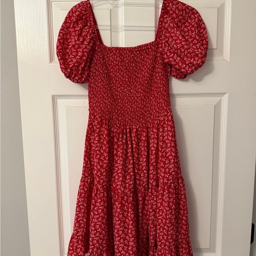 Red Floral Smocked Puff Sleeve Midi Dress Size S